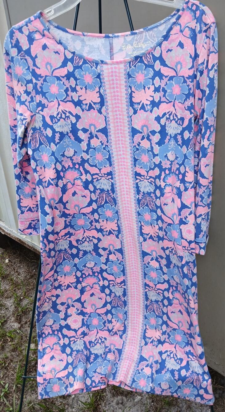Lilly Pulitzer Pink Blue Op Art Floral Print Shift Dress Cotton Knit